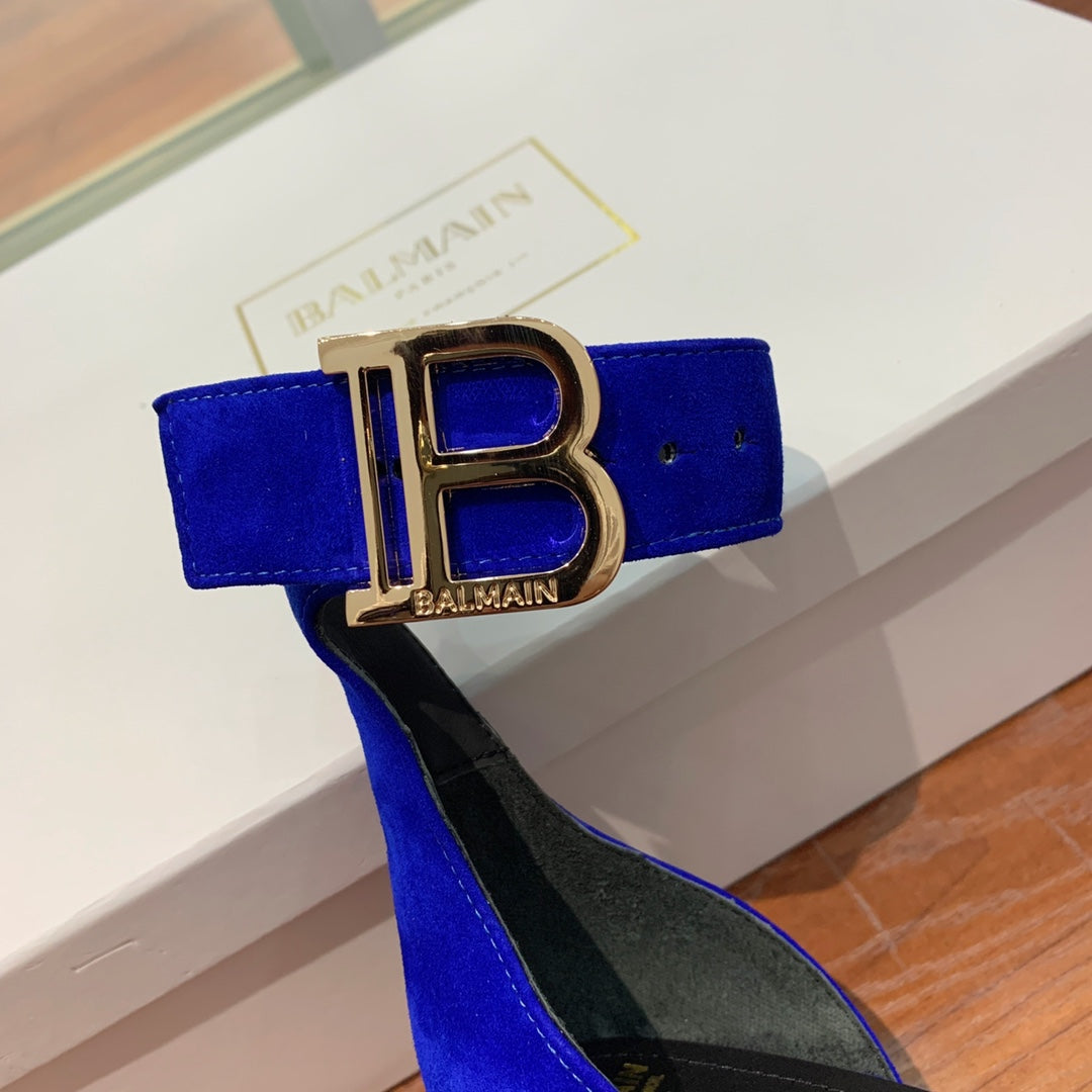 BALMAIN 25S THIN STRAP HIGH HEELS 105MM IN DARK BLUE SUEDE GOLD HARDWARE - 36