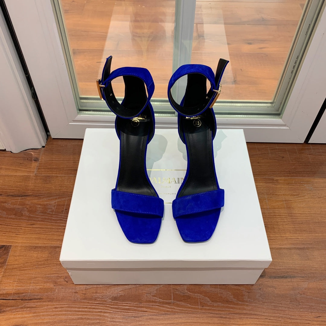 BALMAIN 25S THIN STRAP HIGH HEELS 105MM IN DARK BLUE SUEDE GOLD HARDWARE - 36