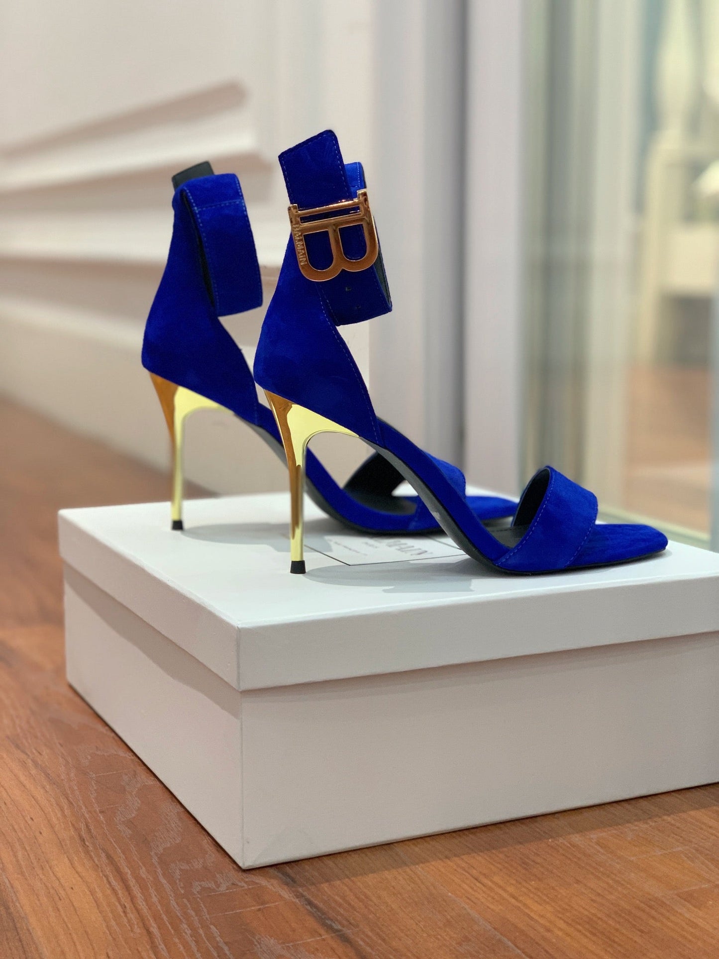 BALMAIN 25S THIN STRAP HIGH HEELS 105MM IN DARK BLUE SUEDE GOLD HARDWARE - 36