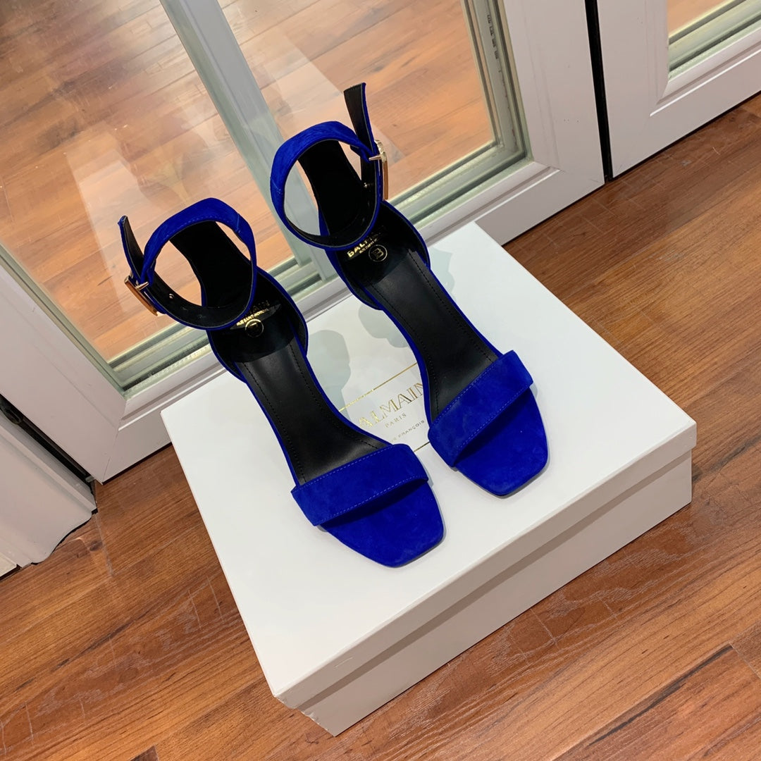 BALMAIN 25S THIN STRAP HIGH HEELS 105MM IN DARK BLUE SUEDE GOLD HARDWARE - 36
