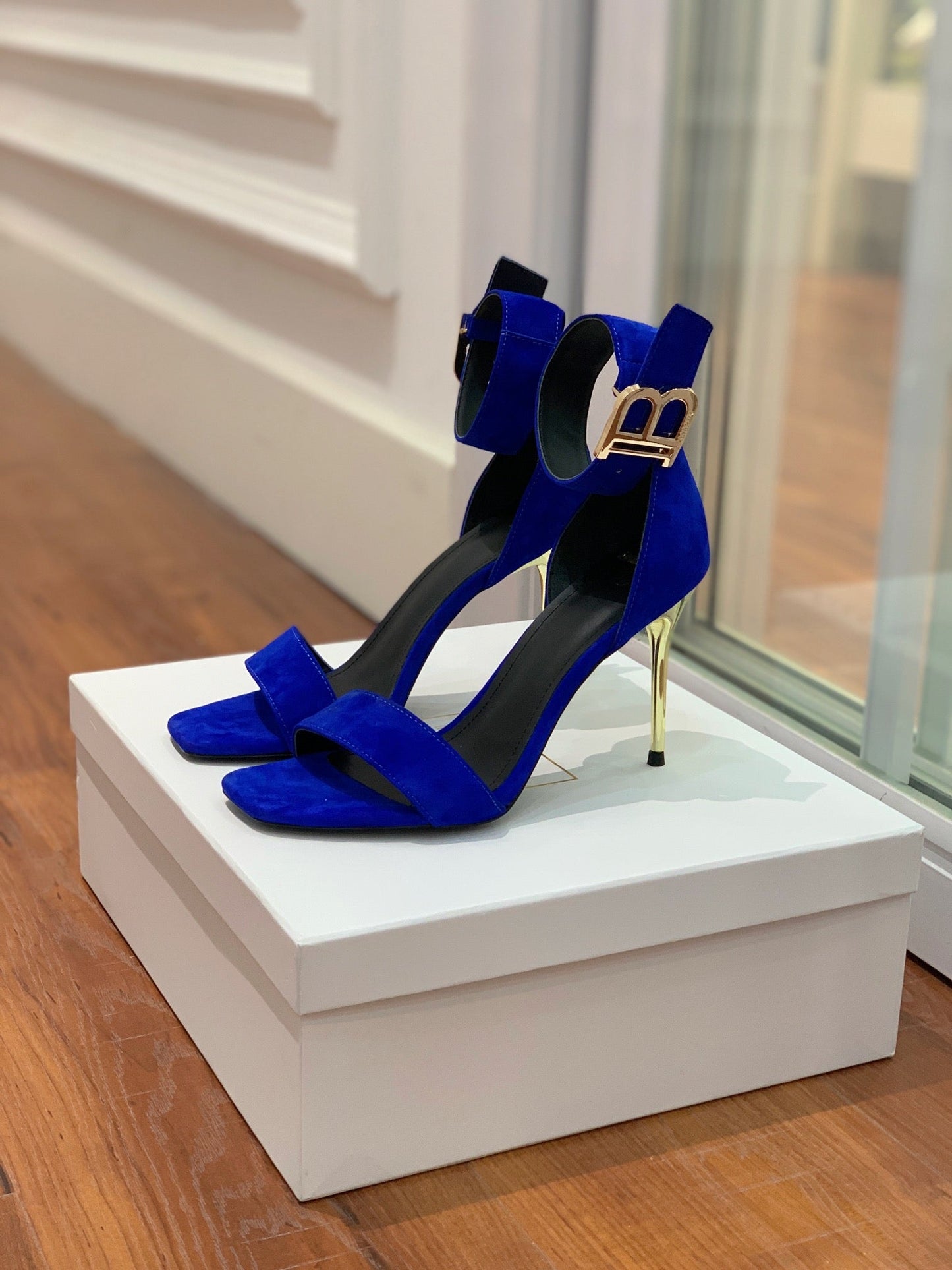 BALMAIN 25S THIN STRAP HIGH HEELS 105MM IN DARK BLUE SUEDE GOLD HARDWARE - 36
