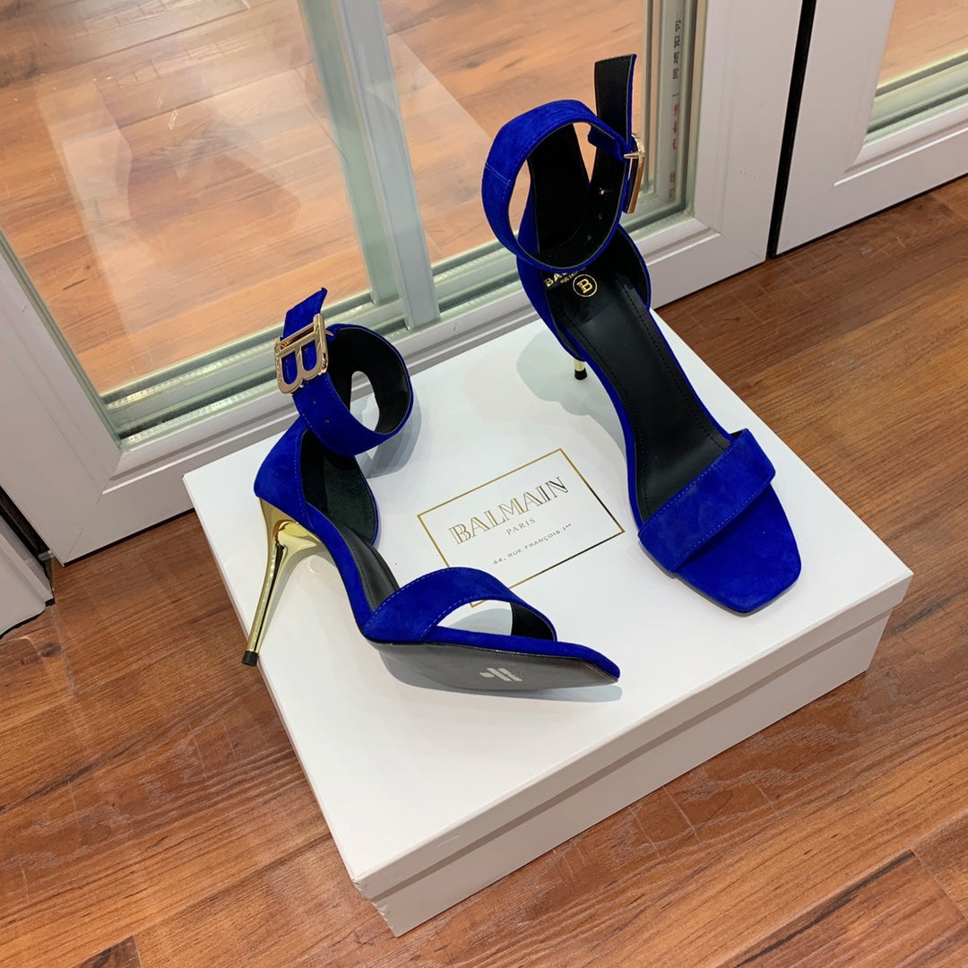BALMAIN 25S THIN STRAP HIGH HEELS 105MM IN DARK BLUE SUEDE GOLD HARDWARE - 36
