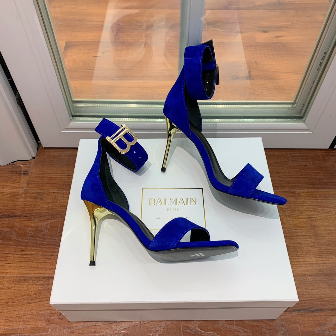 BALMAIN 25S THIN STRAP HIGH HEELS 105MM IN DARK BLUE SUEDE GOLD HARDWARE - 36