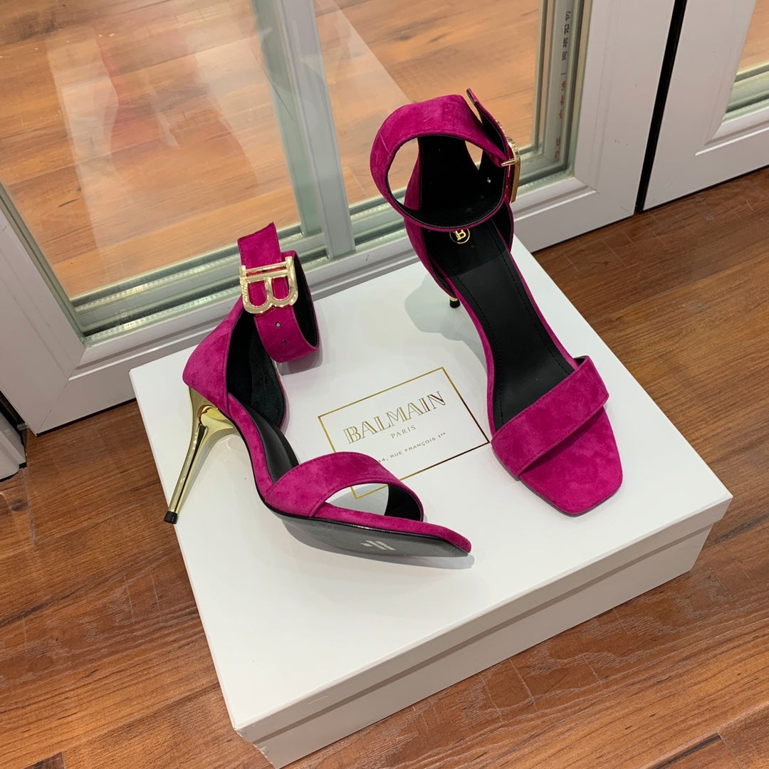 BALMAIN 25S THIN STRAP HIGH HEELS 105MM IN FUCHSIA SUEDE GOLD HARDWARE - 36