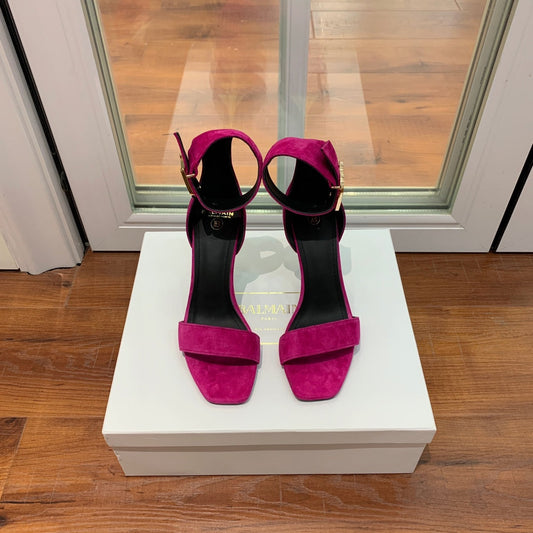 BALMAIN 25S THIN STRAP HIGH HEELS 105MM IN FUCHSIA SUEDE GOLD HARDWARE - 36