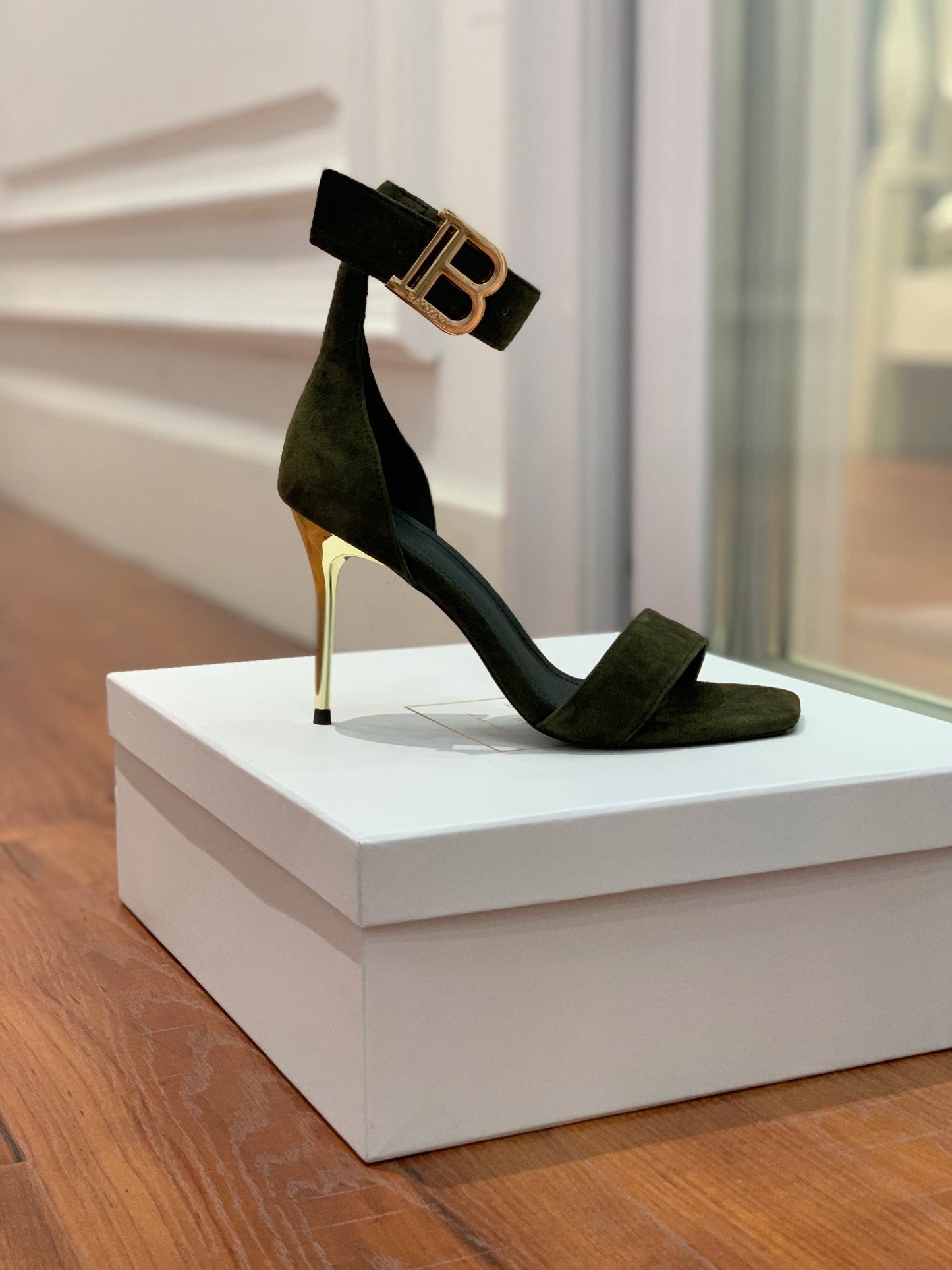 BALMAIN 25S THIN STRAP HIGH HEELS 105MM IN VERY DEEP OLIVE SUEDE GOLD HARDWARE - 36