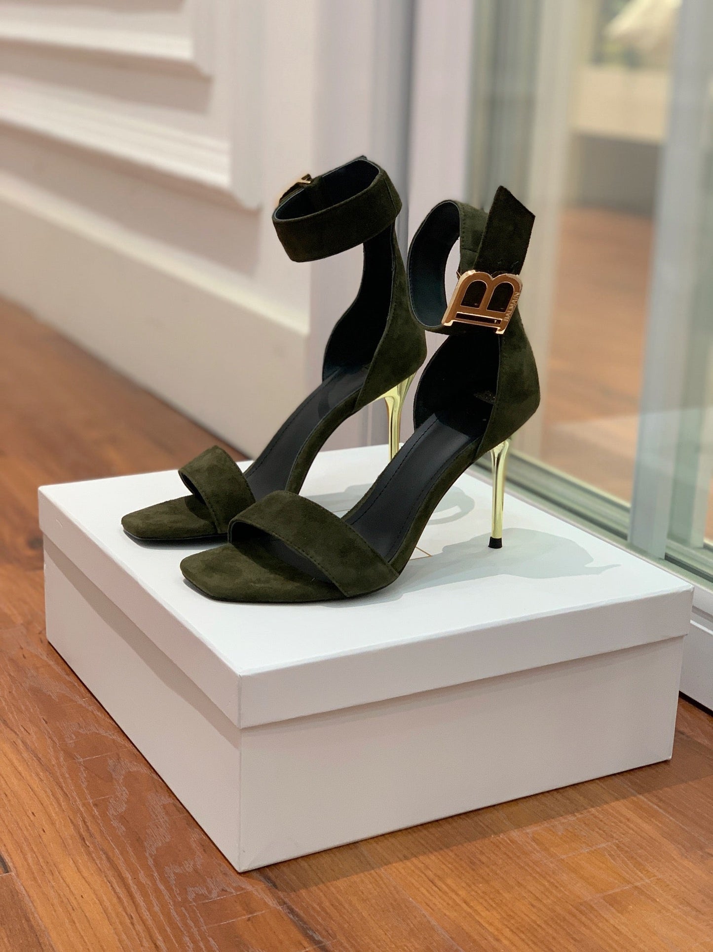 BALMAIN 25S THIN STRAP HIGH HEELS 105MM IN VERY DEEP OLIVE SUEDE GOLD HARDWARE - 36