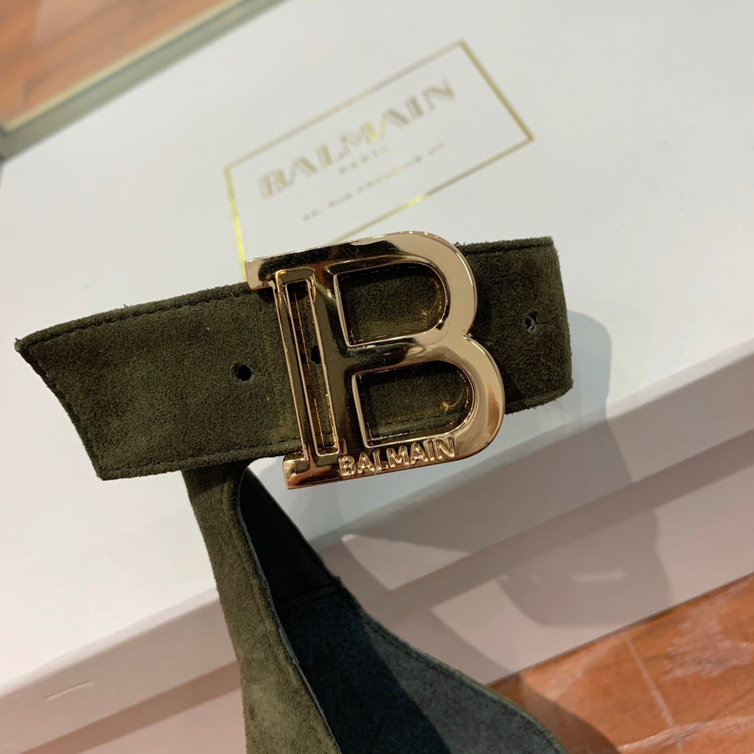 BALMAIN 25S THIN STRAP HIGH HEELS 105MM IN VERY DEEP OLIVE SUEDE GOLD HARDWARE - 36