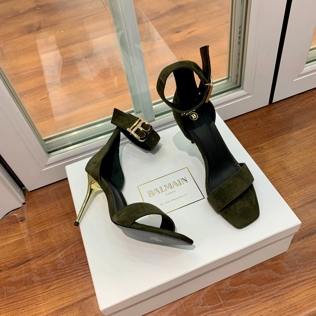 BALMAIN 25S THIN STRAP HIGH HEELS 105MM IN VERY DEEP OLIVE SUEDE GOLD HARDWARE - 36