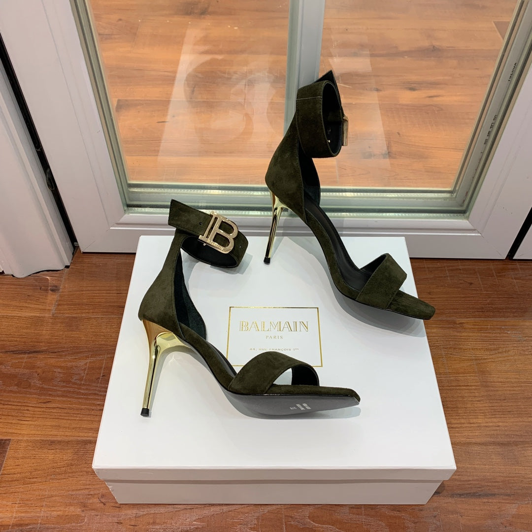 BALMAIN 25S THIN STRAP HIGH HEELS 105MM IN VERY DEEP OLIVE SUEDE GOLD HARDWARE - 36