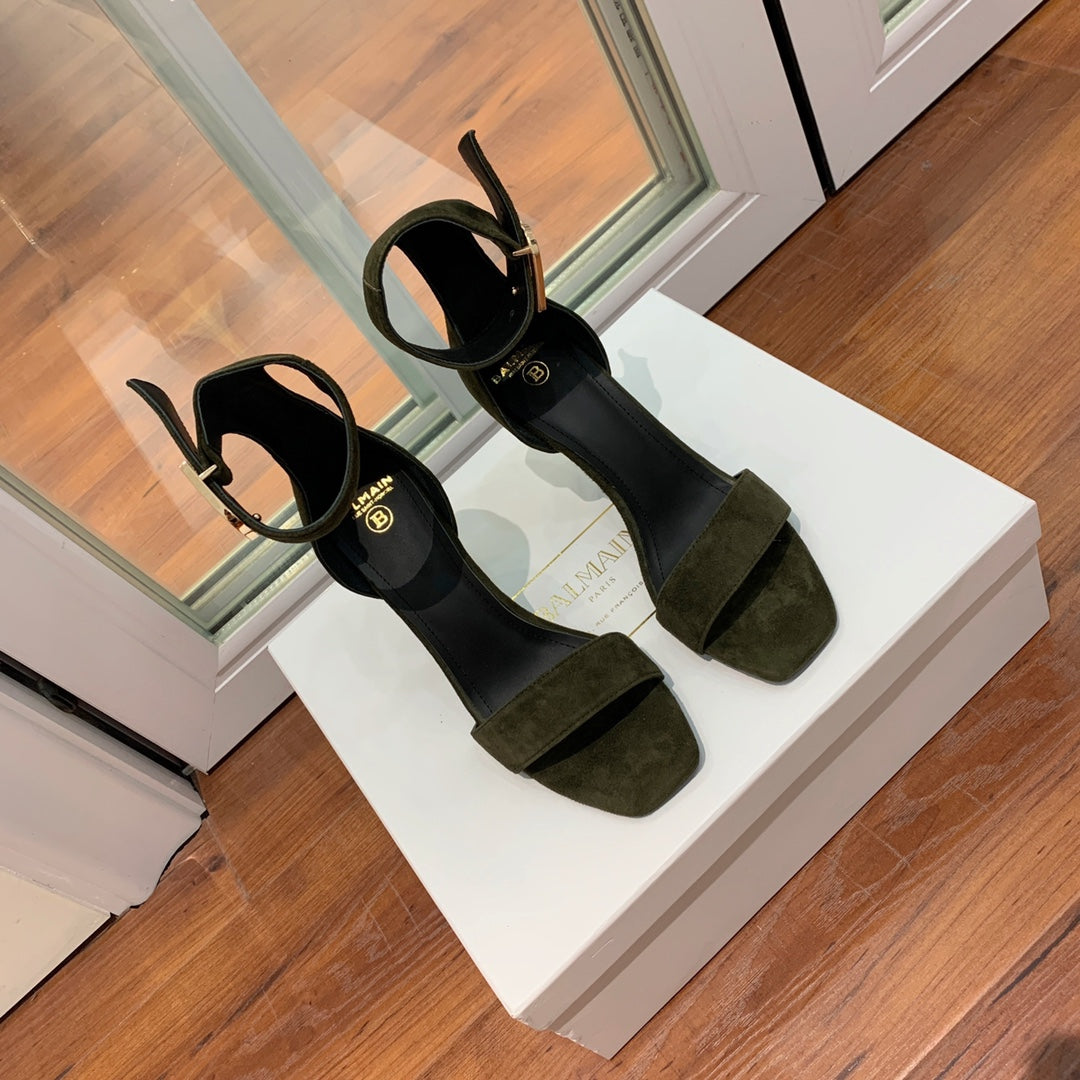 BALMAIN 25S THIN STRAP HIGH HEELS 105MM IN VERY DEEP OLIVE SUEDE GOLD HARDWARE - 36