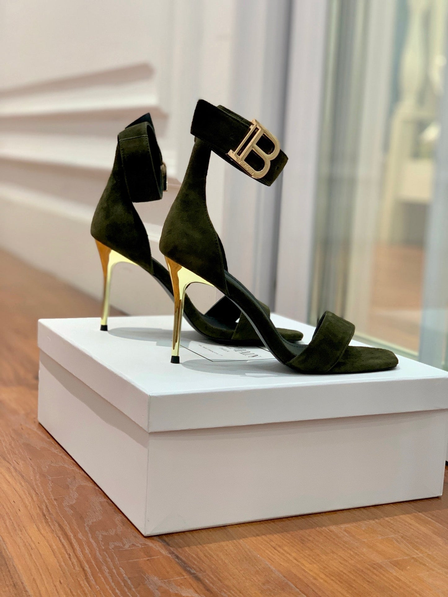 BALMAIN 25S THIN STRAP HIGH HEELS 105MM IN VERY DEEP OLIVE SUEDE GOLD HARDWARE - 36