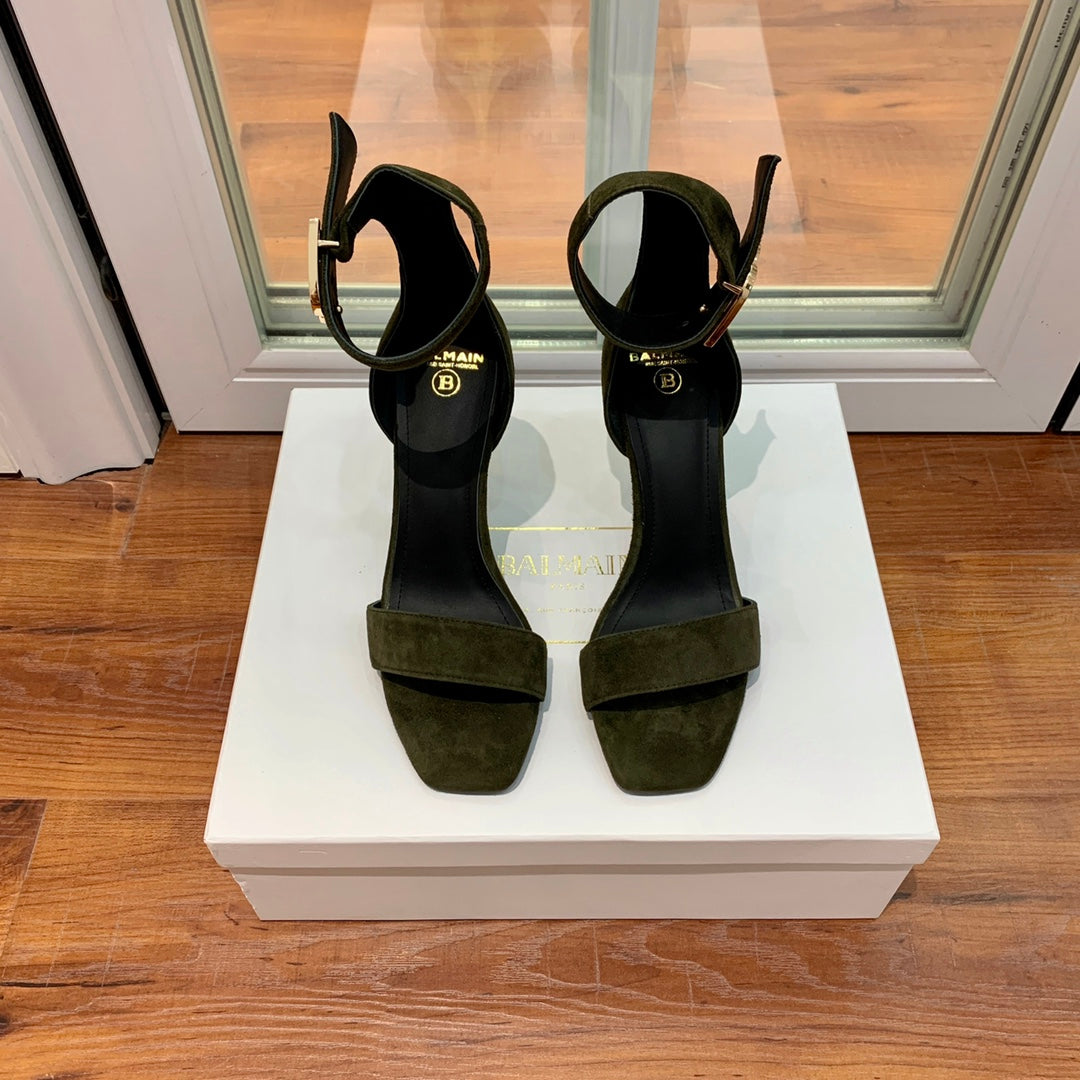 BALMAIN 25S THIN STRAP HIGH HEELS 105MM IN VERY DEEP OLIVE SUEDE GOLD HARDWARE - 36