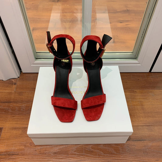 BALMAIN 25S THIN STRAP HIGH HEELS 105MM IN DARK RED SUEDE GOLD HARDWARE - 36