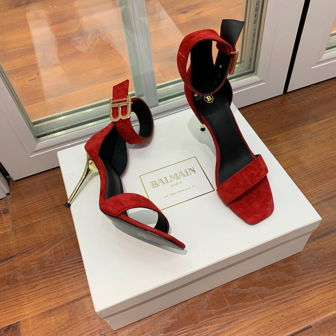 BALMAIN 25S THIN STRAP HIGH HEELS 105MM IN DARK RED SUEDE GOLD HARDWARE - 36