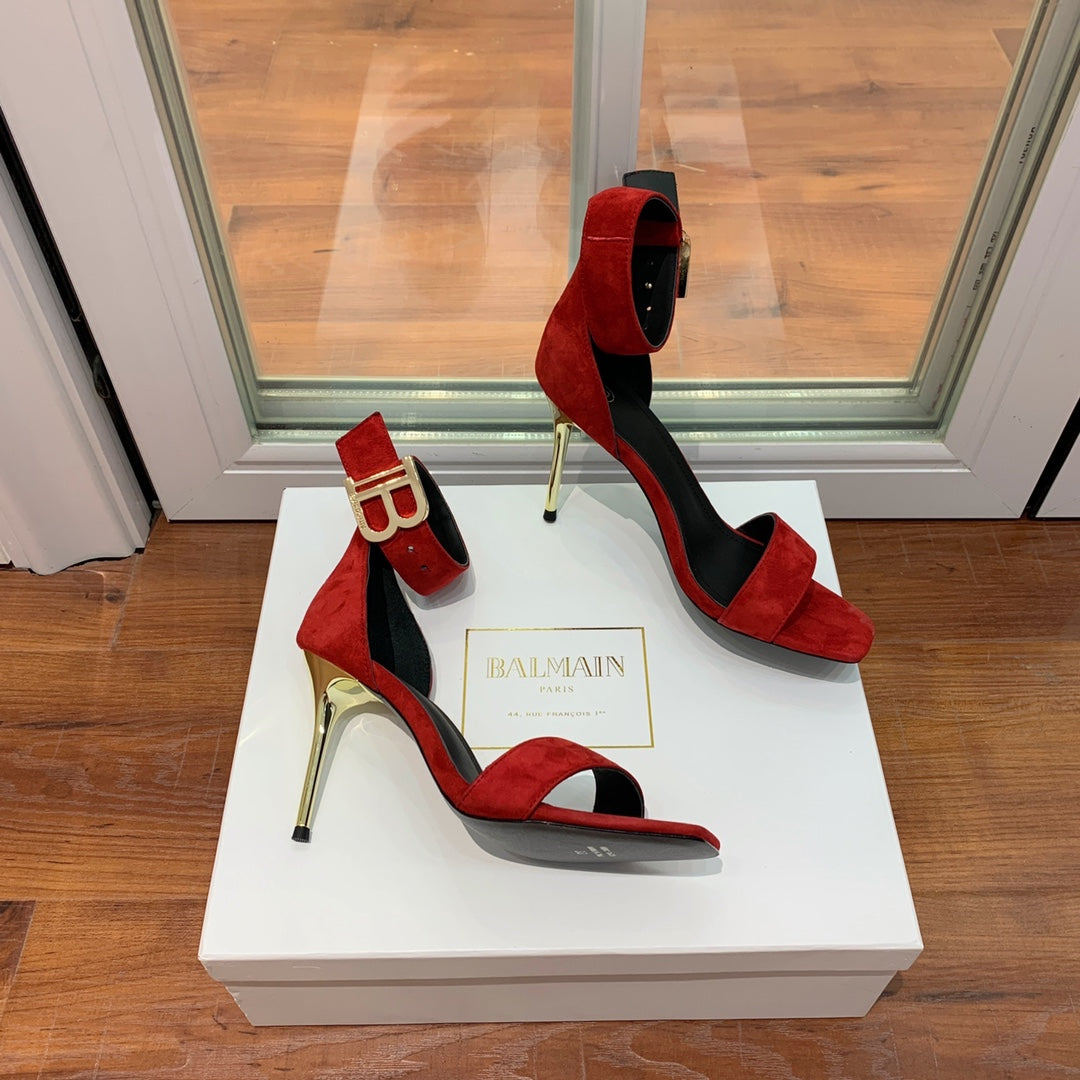 BALMAIN 25S THIN STRAP HIGH HEELS 105MM IN DARK RED SUEDE GOLD HARDWARE - 36