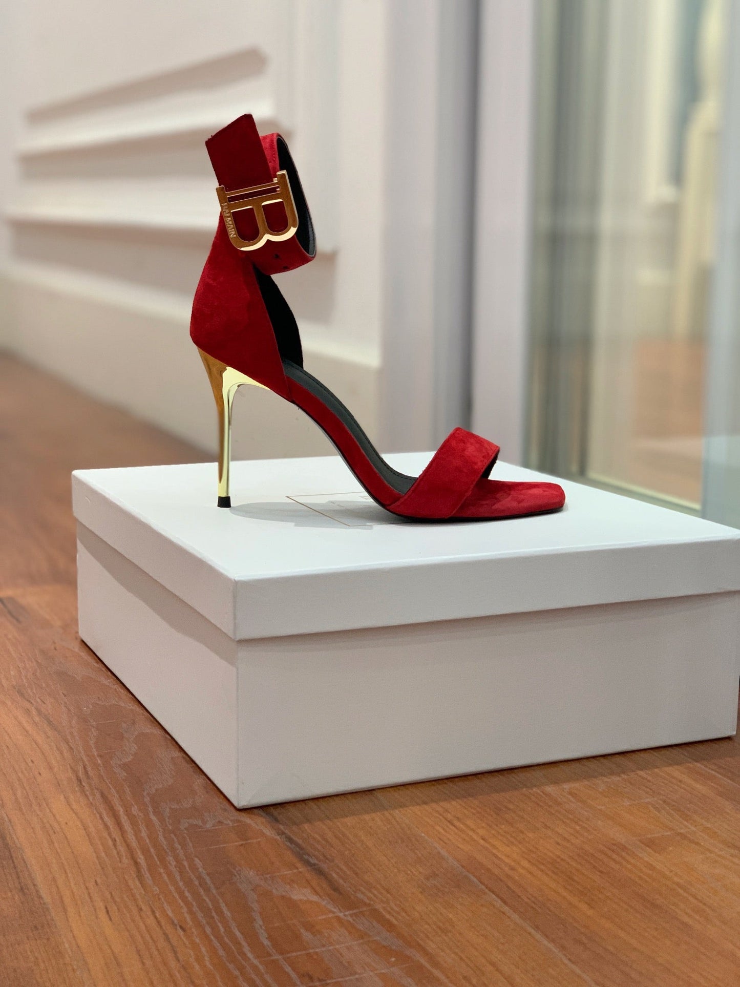 BALMAIN 25S THIN STRAP HIGH HEELS 105MM IN DARK RED SUEDE GOLD HARDWARE - 36