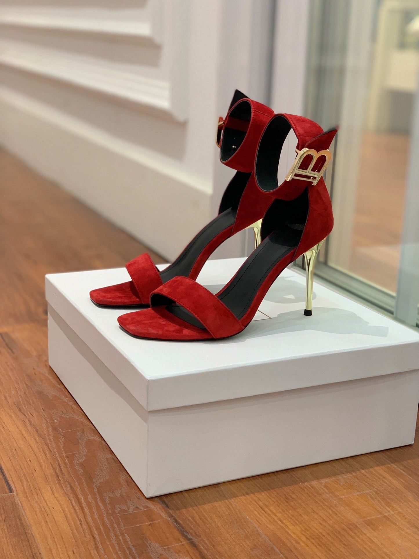 BALMAIN 25S THIN STRAP HIGH HEELS 105MM IN DARK RED SUEDE GOLD HARDWARE - 36
