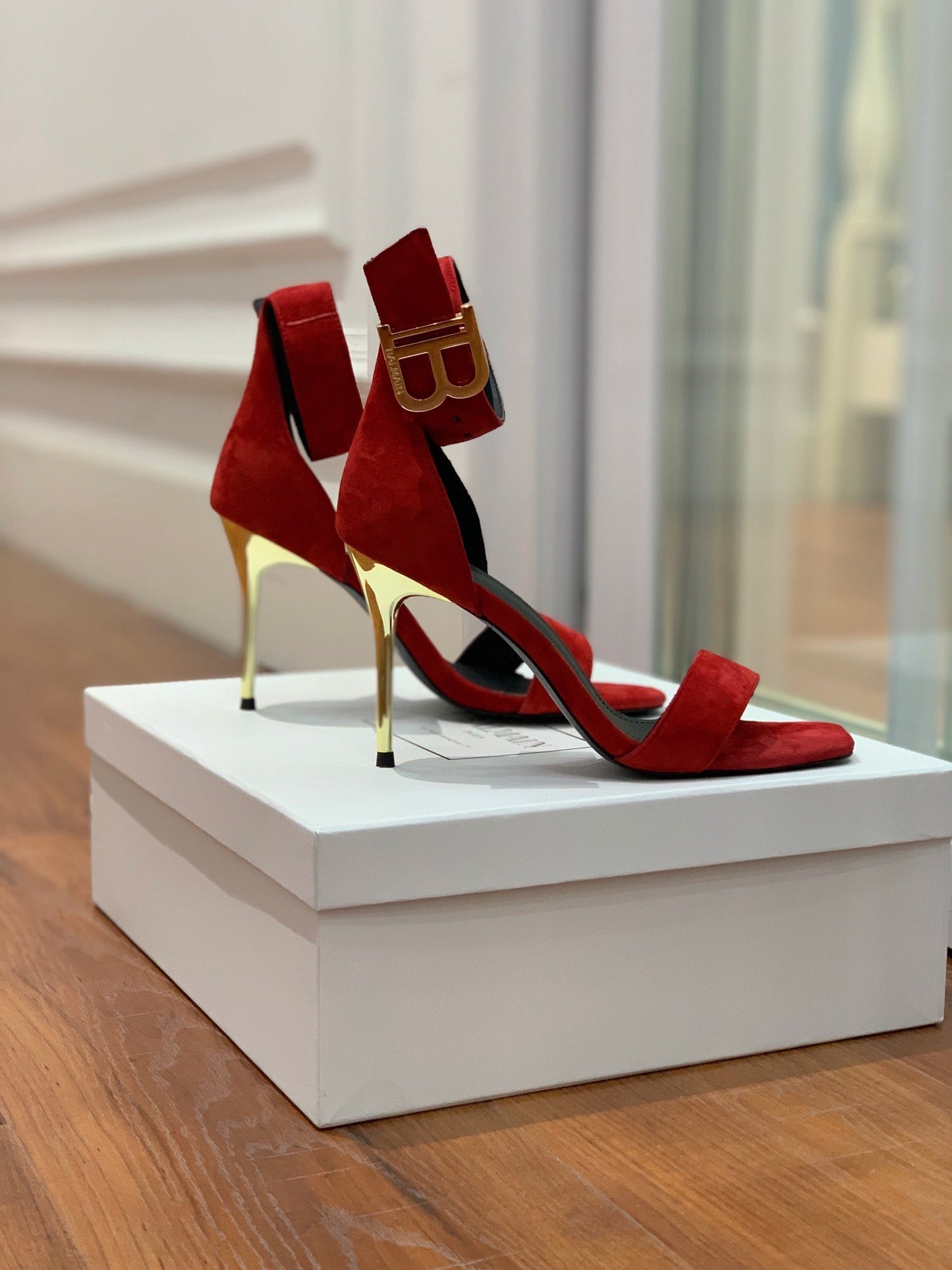 BALMAIN 25S THIN STRAP HIGH HEELS 105MM IN DARK RED SUEDE GOLD HARDWARE - 36