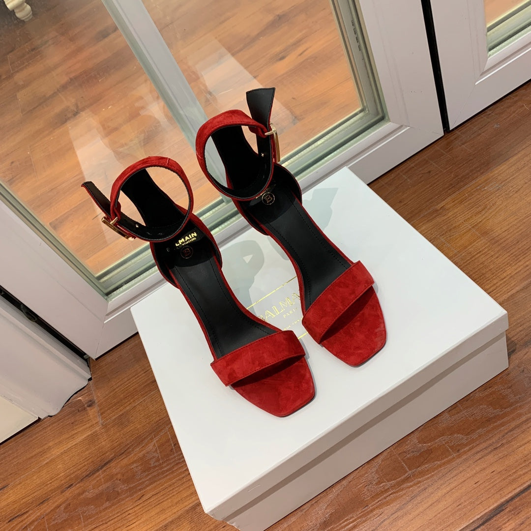 BALMAIN 25S THIN STRAP HIGH HEELS 105MM IN DARK RED SUEDE GOLD HARDWARE - 36