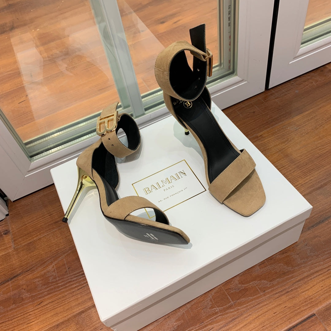 BALMAIN 25S THIN STRAP HIGH HEELS 105MM IN LIGHT MOCHA SUEDE GOLD HARDWARE - 36