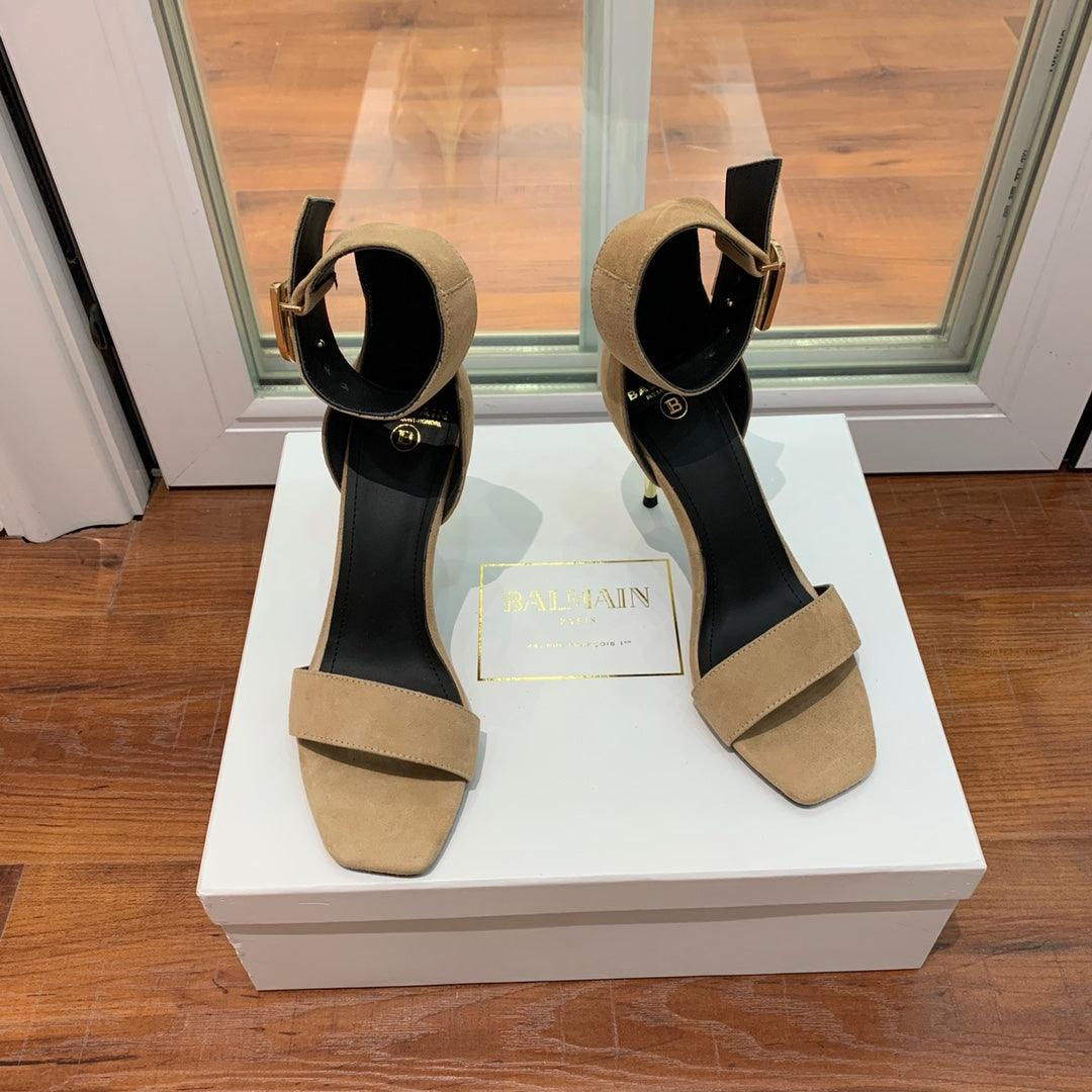 BALMAIN 25S THIN STRAP HIGH HEELS 105MM IN LIGHT MOCHA SUEDE GOLD HARDWARE - 36