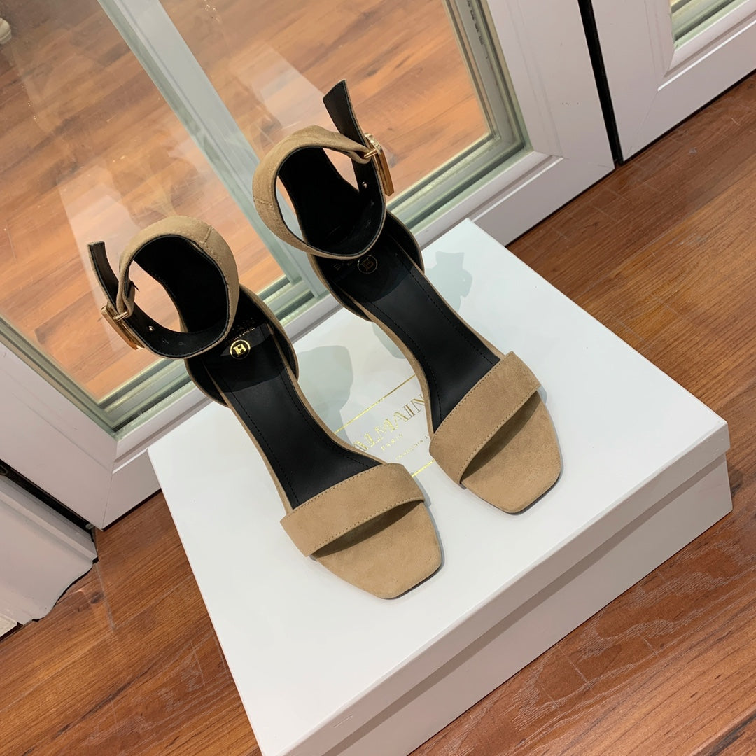 BALMAIN 25S THIN STRAP HIGH HEELS 105MM IN LIGHT MOCHA SUEDE GOLD HARDWARE - 36