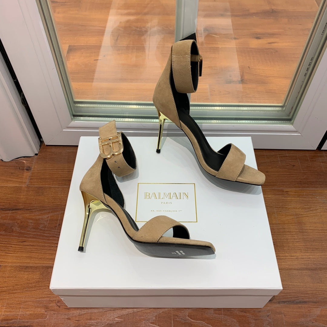 BALMAIN 25S THIN STRAP HIGH HEELS 105MM IN LIGHT MOCHA SUEDE GOLD HARDWARE - 36