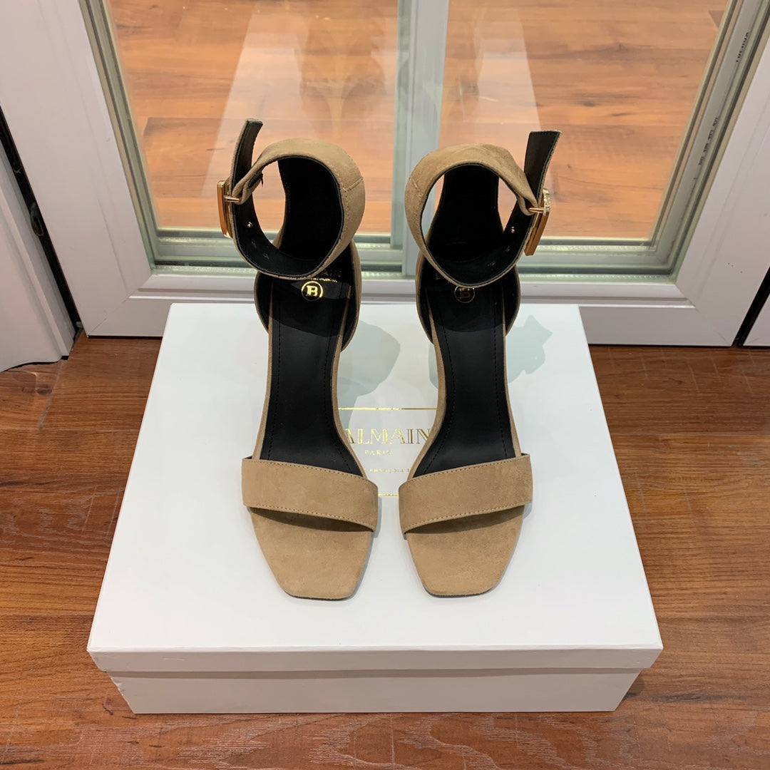 BALMAIN 25S THIN STRAP HIGH HEELS 105MM IN LIGHT MOCHA SUEDE GOLD HARDWARE - 36