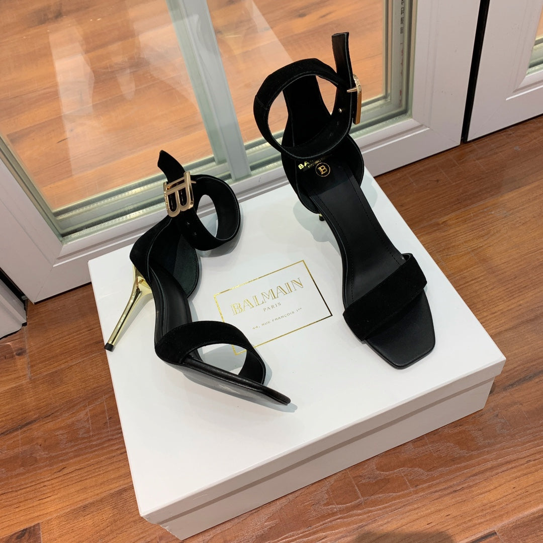 BALMAIN 25S THIN STRAP HIGH HEELS 105MM IN BLACK SUEDE GOLD HARDWARE - 36