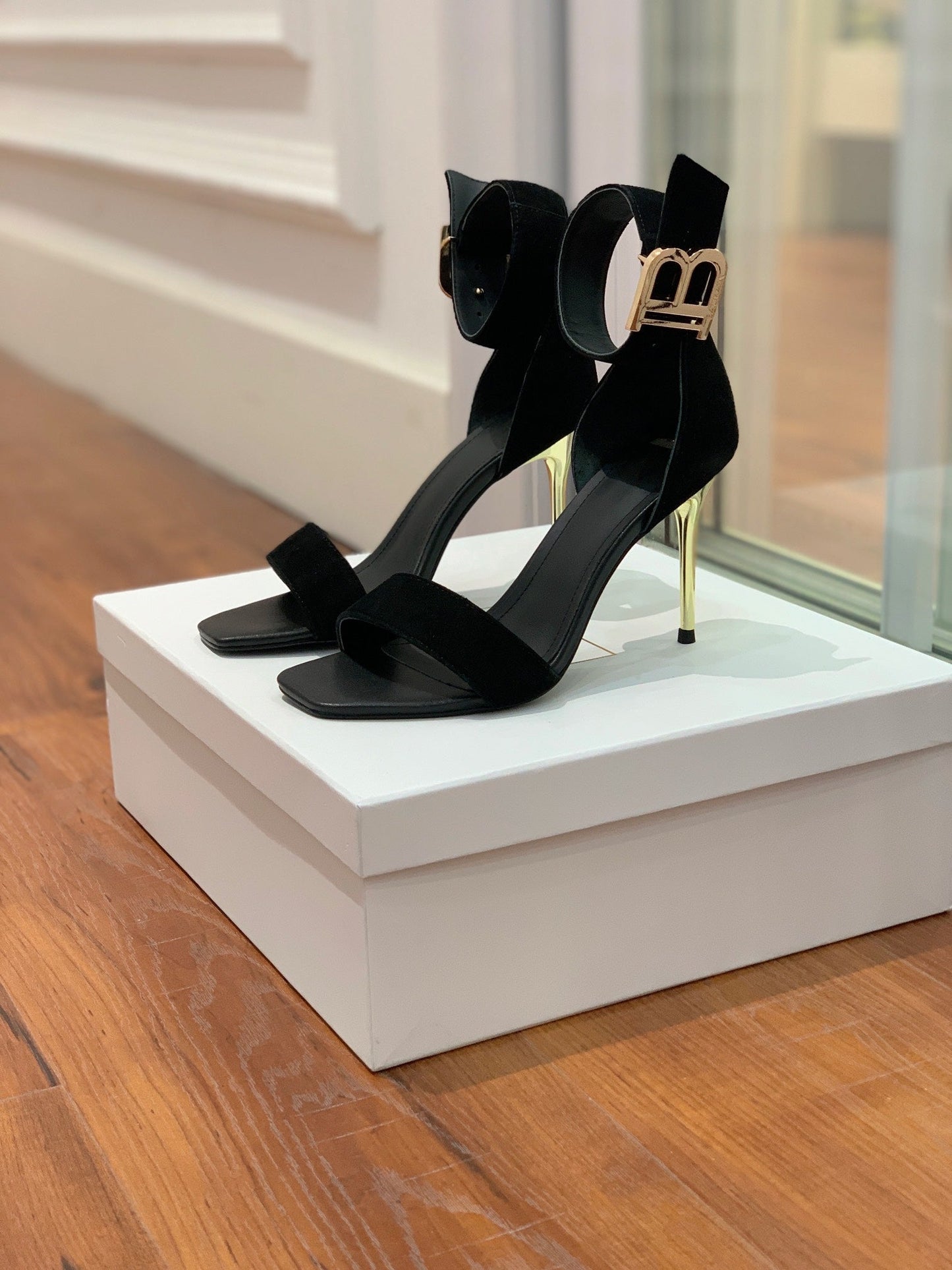 BALMAIN 25S THIN STRAP HIGH HEELS 105MM IN BLACK SUEDE GOLD HARDWARE - 36