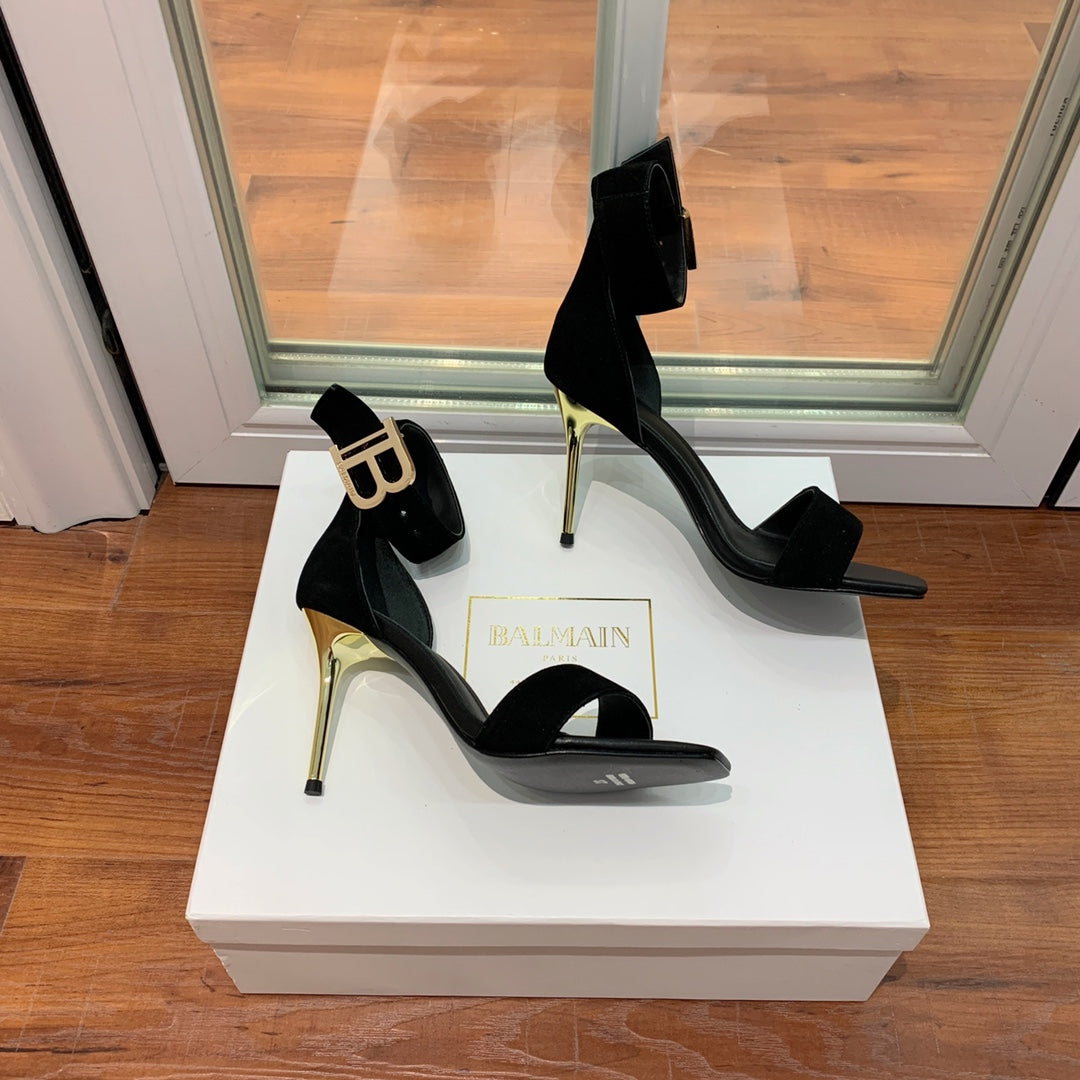 BALMAIN 25S THIN STRAP HIGH HEELS 105MM IN BLACK SUEDE GOLD HARDWARE - 36