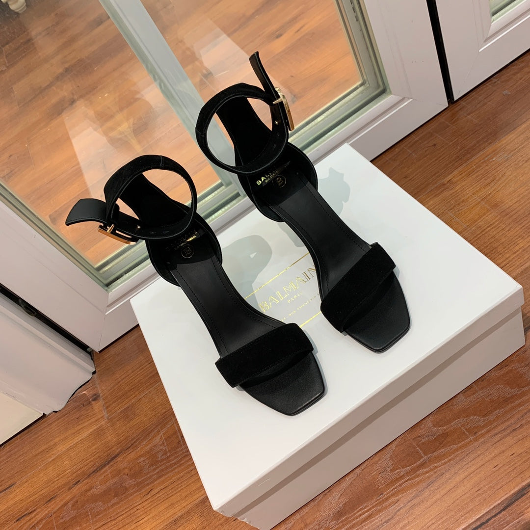 BALMAIN 25S THIN STRAP HIGH HEELS 105MM IN BLACK SUEDE GOLD HARDWARE - 36