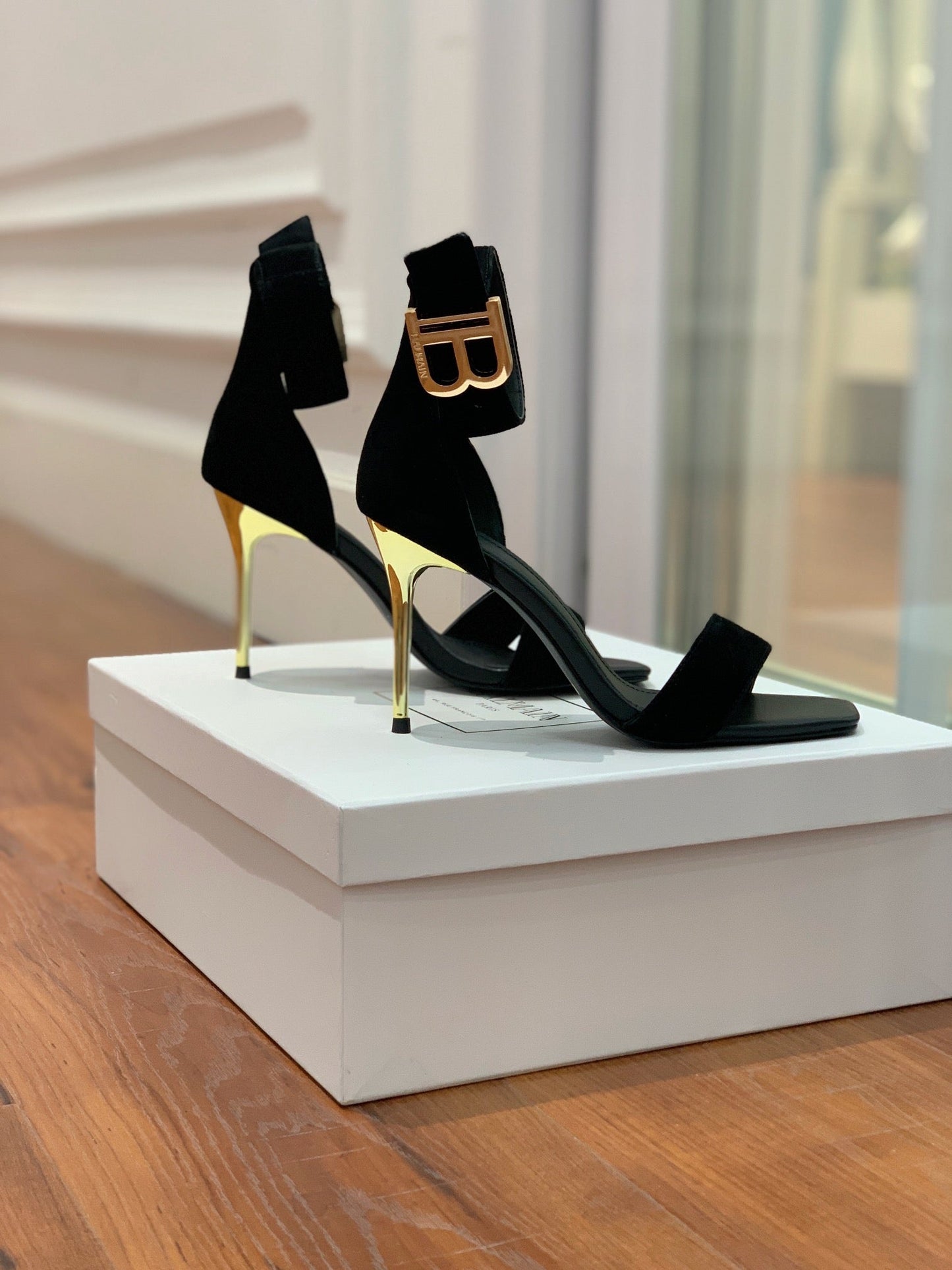 BALMAIN 25S THIN STRAP HIGH HEELS 105MM IN BLACK SUEDE GOLD HARDWARE - 36