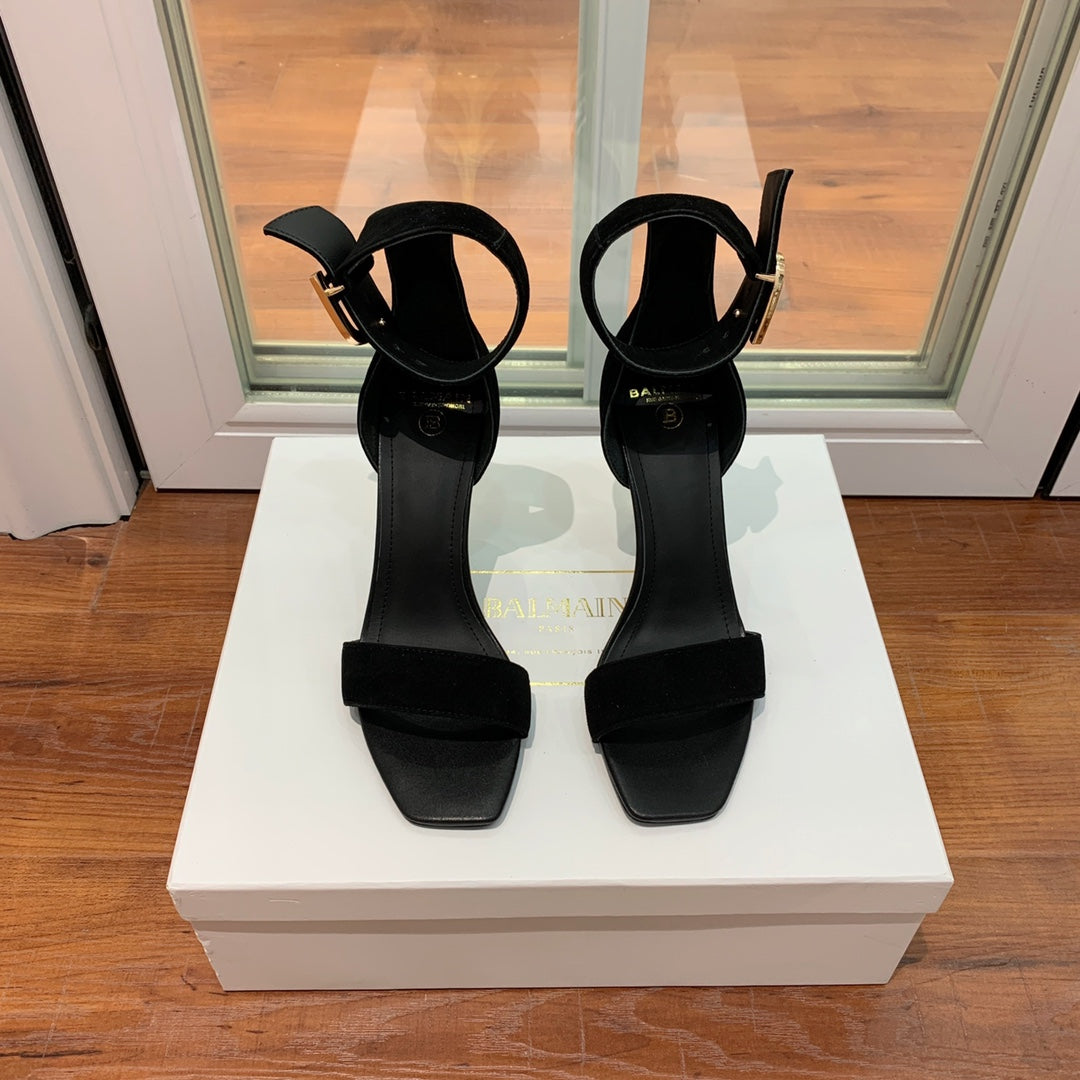 BALMAIN 25S THIN STRAP HIGH HEELS 105MM IN BLACK SUEDE GOLD HARDWARE - 36