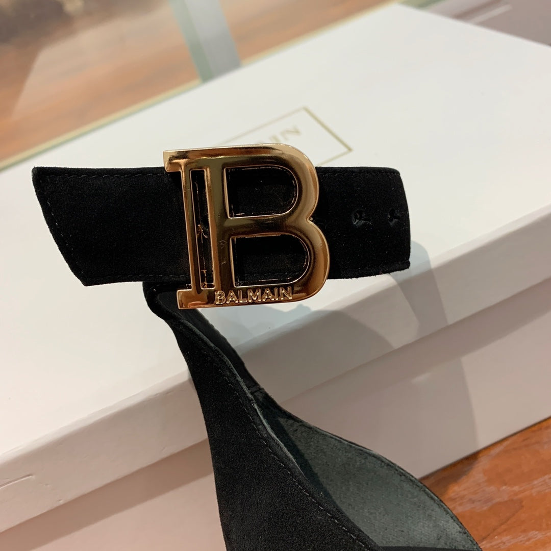 BALMAIN 25S THIN STRAP HIGH HEELS 105MM IN BLACK SUEDE GOLD HARDWARE - 36