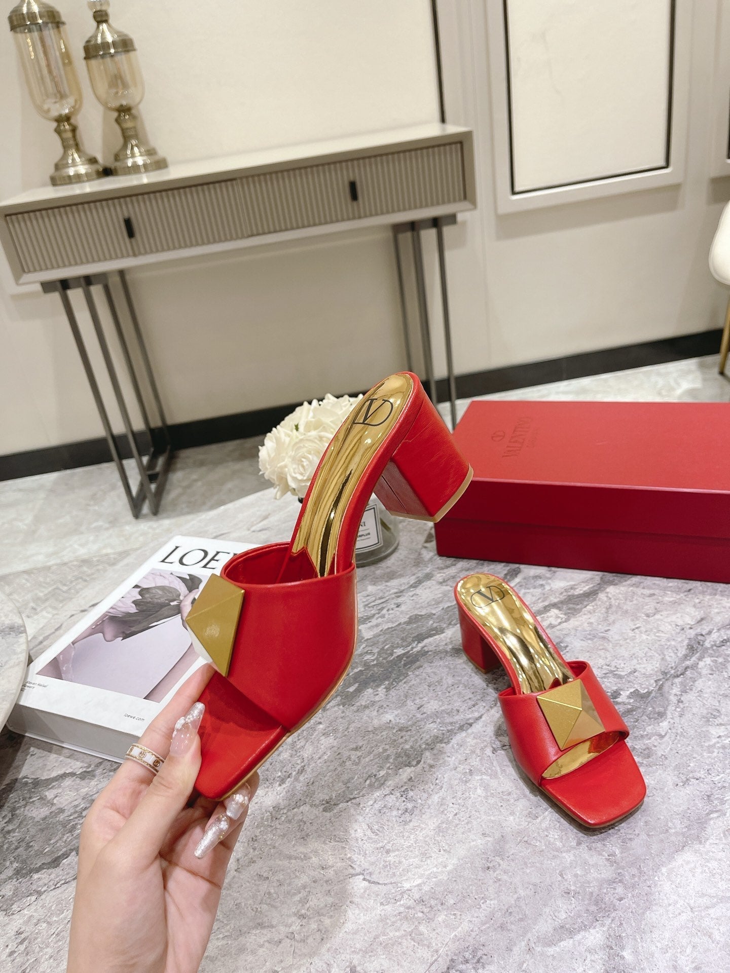 ONE STUD HEELED MULE 60 MM IN CHERRY RED CALFSKIN - 34