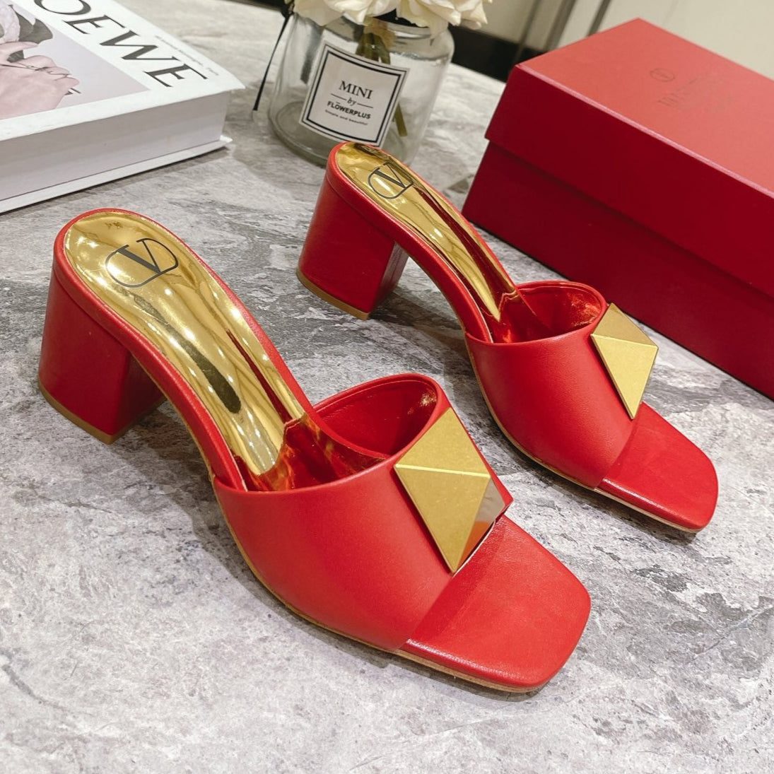 ONE STUD HEELED MULE 60 MM IN CHERRY RED CALFSKIN - 34
