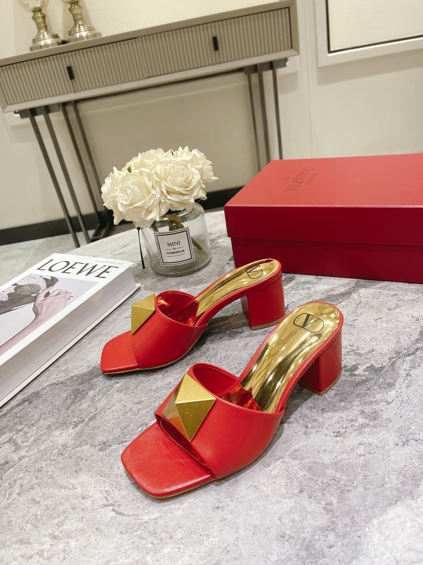 ONE STUD HEELED MULE 60 MM IN CHERRY RED CALFSKIN - 34