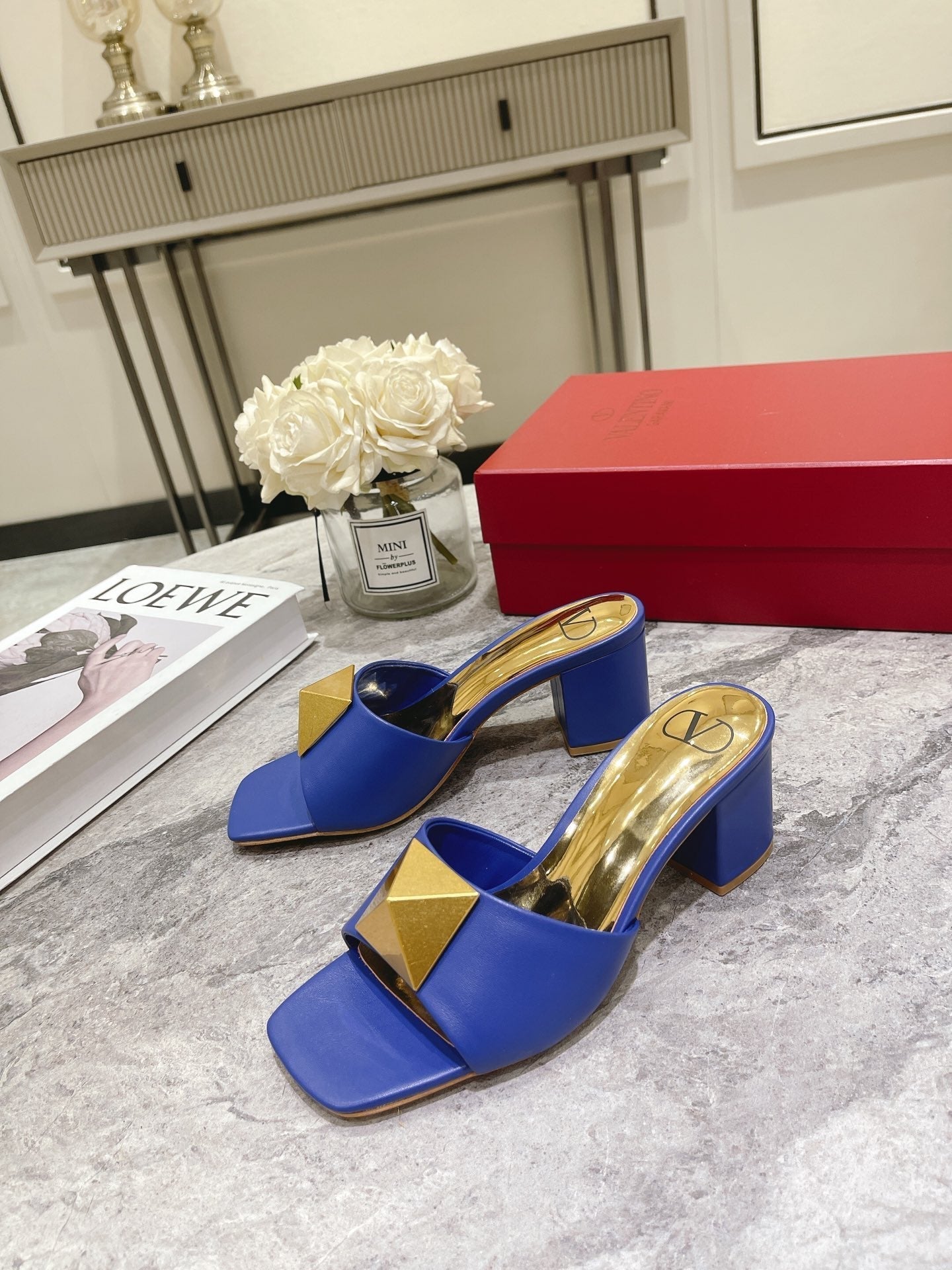 ONE STUD HEELED MULE 60 MM IN COBALT BLUE CALFSKIN - 34