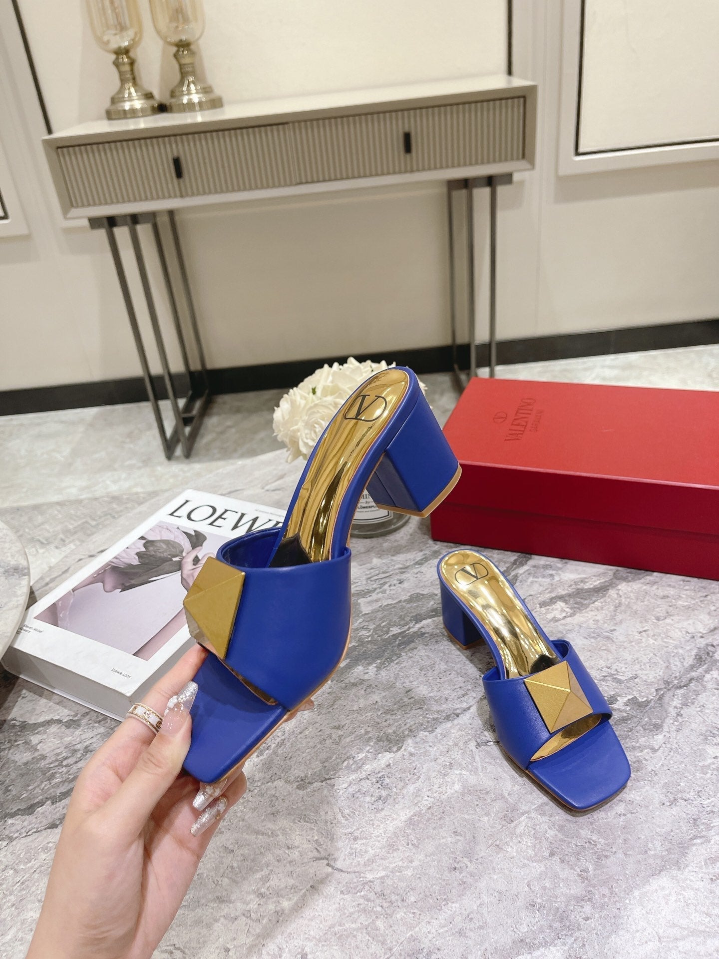 ONE STUD HEELED MULE 60 MM IN COBALT BLUE CALFSKIN - 34