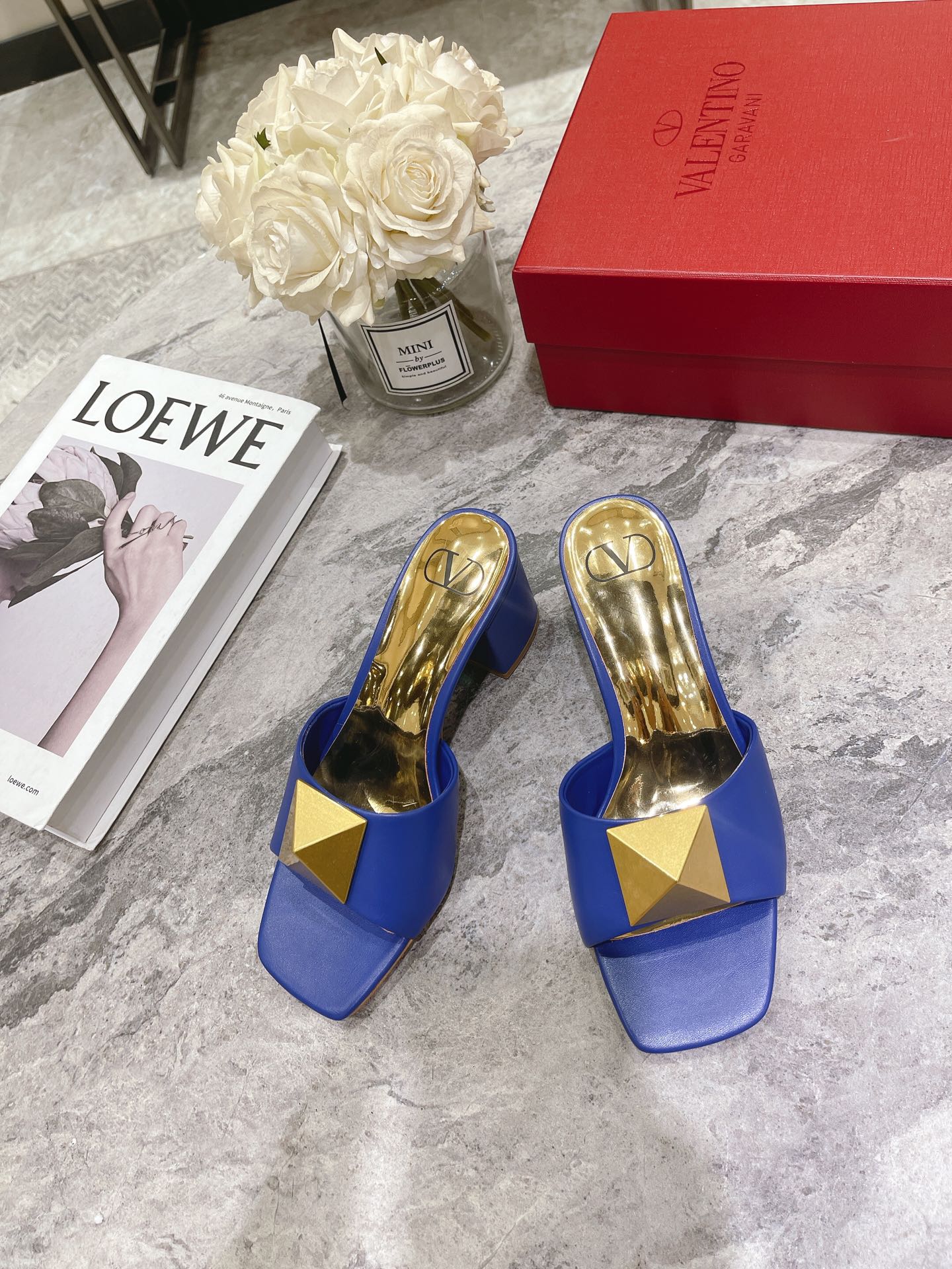 ONE STUD HEELED MULE 60 MM IN COBALT BLUE CALFSKIN - 34