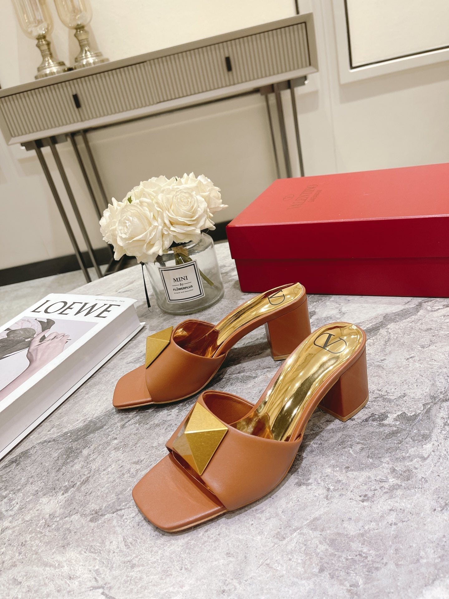 ONE STUD HEELED MULE 60 MM IN BRONZE BROWN CALFSKIN - 34