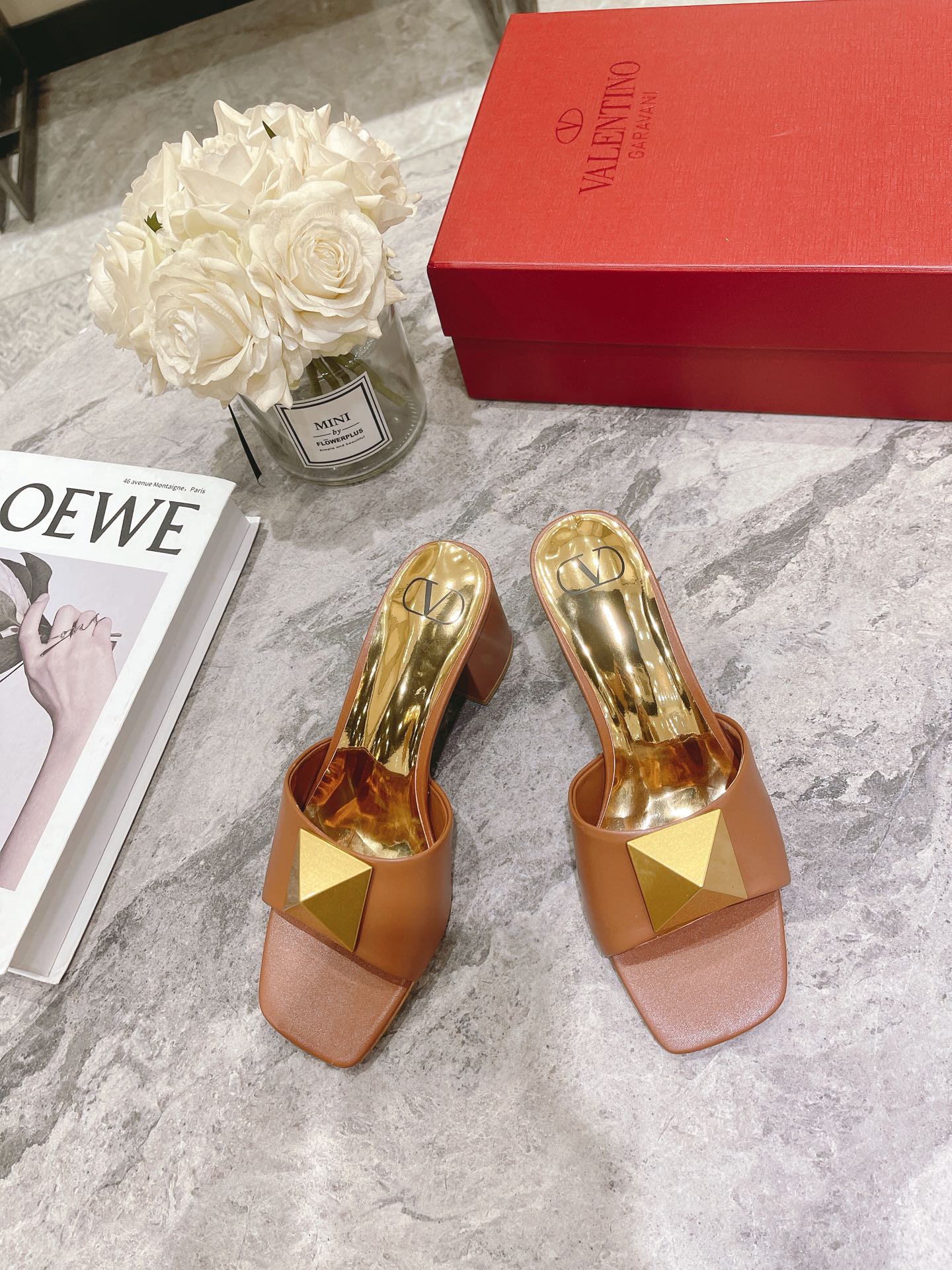 ONE STUD HEELED MULE 60 MM IN BRONZE BROWN CALFSKIN - 34