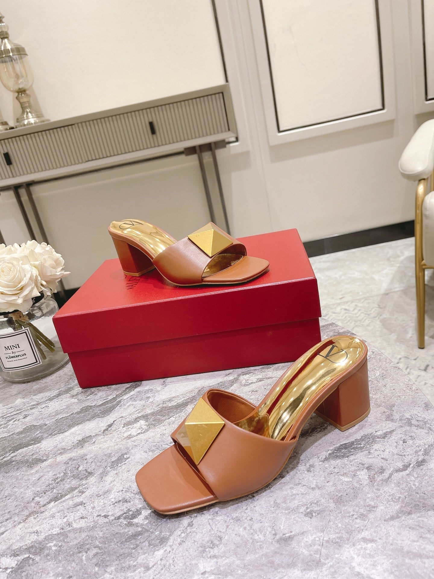 ONE STUD HEELED MULE 60 MM IN BRONZE BROWN CALFSKIN - 34
