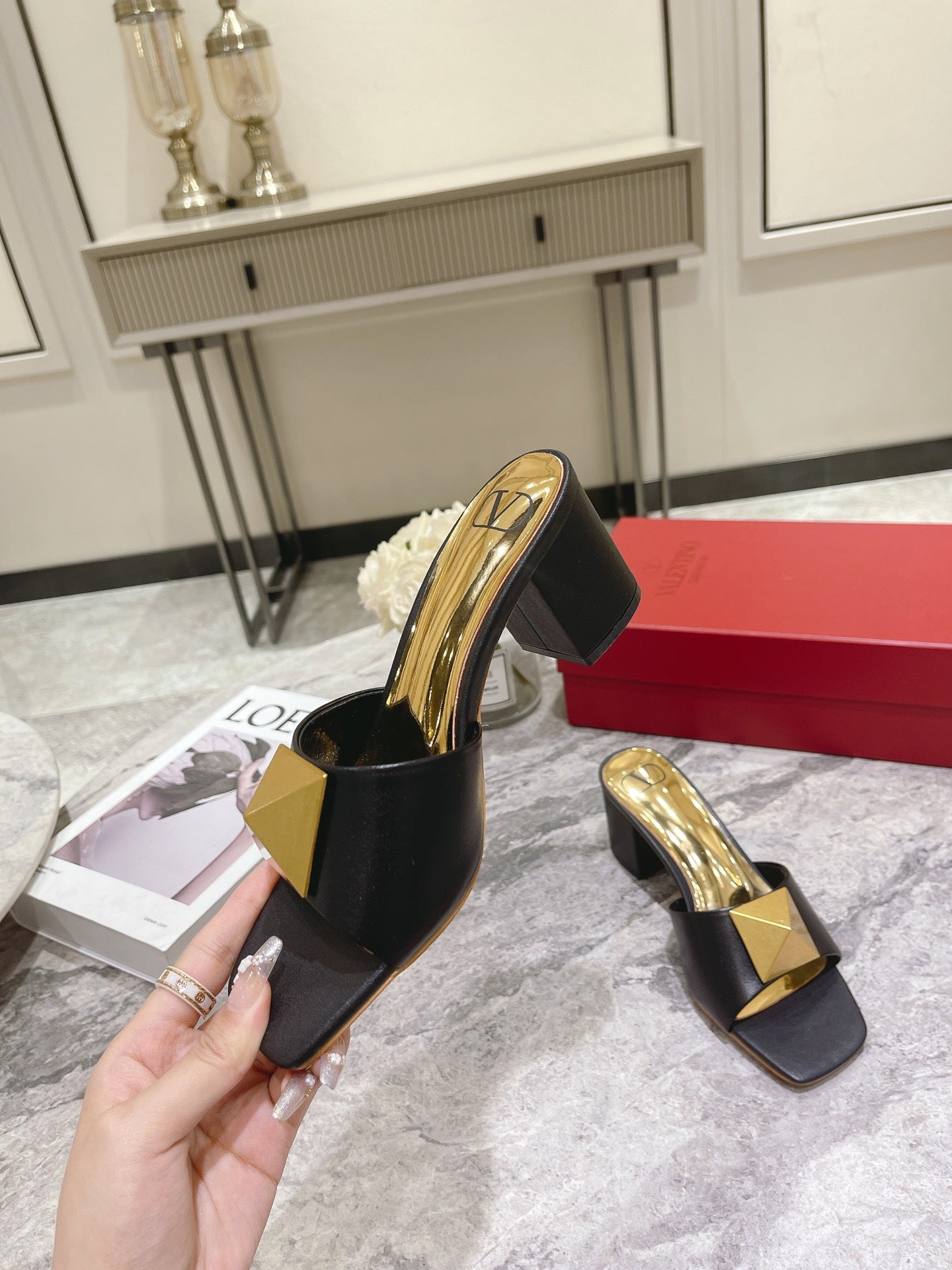 ONE STUD HEELED MULE 60 MM IN BLACK CALFSKIN - 34
