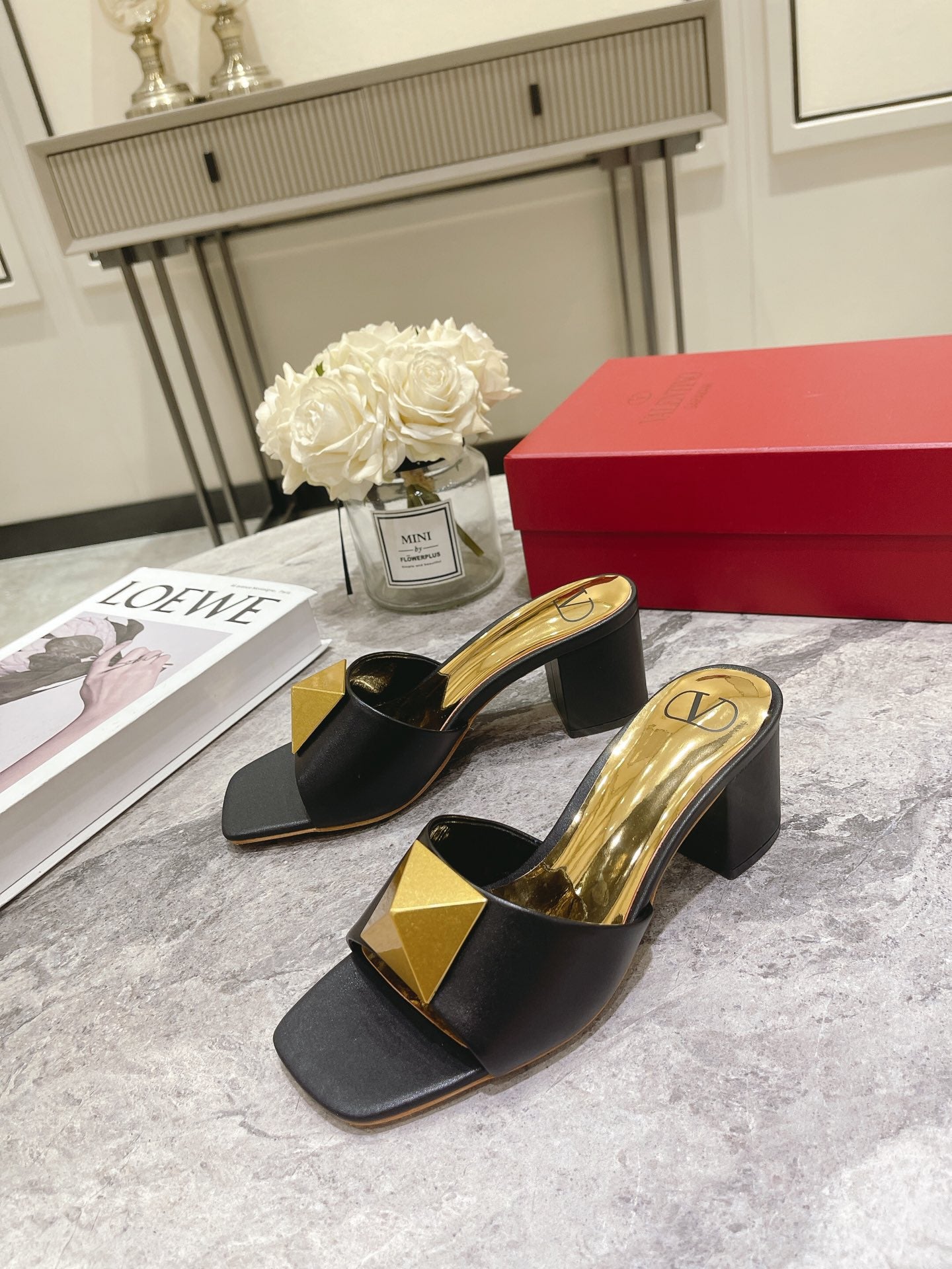 ONE STUD HEELED MULE 60 MM IN BLACK CALFSKIN - 34