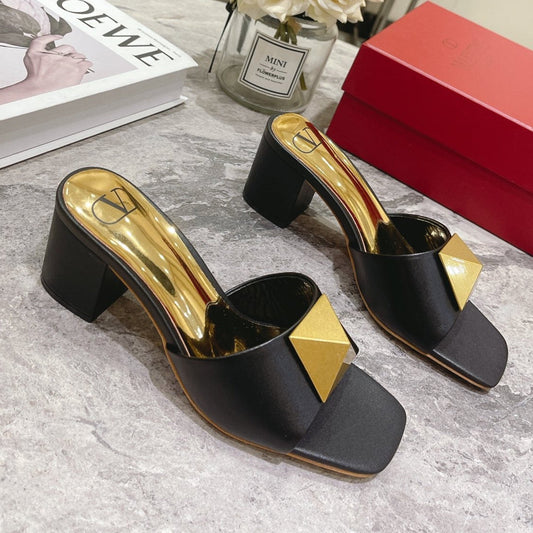 ONE STUD HEELED MULE 60 MM IN BLACK CALFSKIN - 34