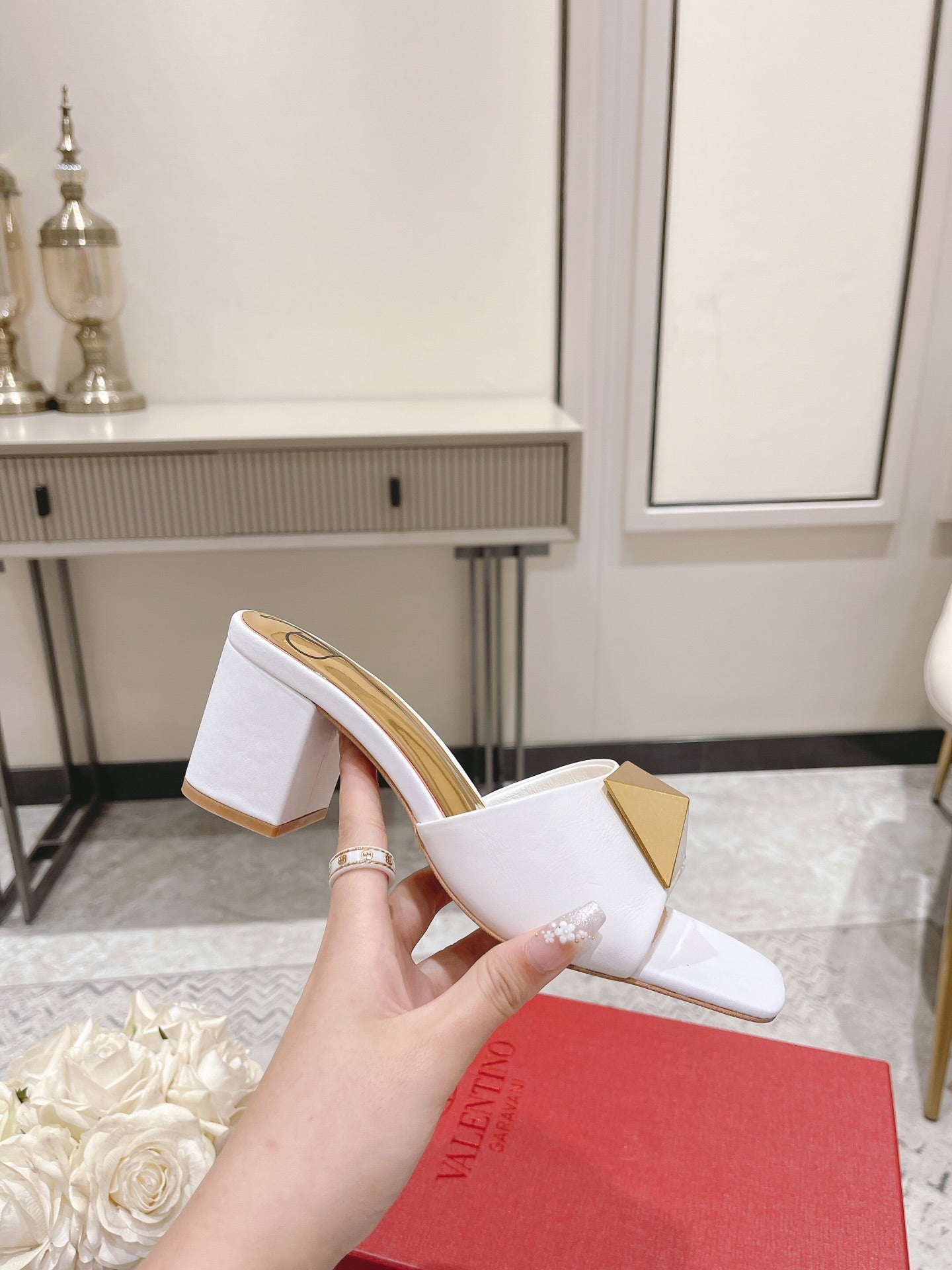 ONE STUD HEELED MULE 60 MM IN WHITE CALFSKIN - 34