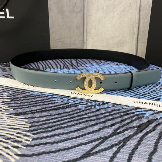 CHANEL 25S BELT 30 MM IN GREY BLUE CALFSKIN WITH GOLD HARDWARE 615102 - 30